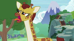 Size: 1920x1080 | Tagged: safe, screencap, clementine, giraffe, g4, she talks to angel, female, giraffes doing giraffe things, open mouth, solo, tongue out, tree