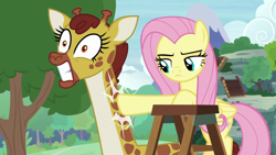 Size: 1920x1080 | Tagged: safe, screencap, angel bunny, clementine, fluttershy, giraffe, pegasus, pony, g4, she talks to angel, body swap, duo, female, ladder, mare, sweet feather sanctuary, tree