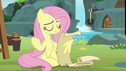 Size: 1920x1080 | Tagged: safe, screencap, angel bunny, fluttershy, pegasus, pony, g4, she talks to angel, body swap, checklist, eyes closed, female, mare, scroll, shrug, sweet feather sanctuary, waterfall, wing hands, wings