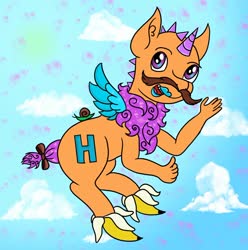 Size: 1280x1291 | Tagged: safe, artist:dawn-designs-art, oc, oc only, oc:hoofs, alicorn, pony, snail, abomination, april fools 2020, banana, cloud, deviantart, food, i'm so sorry, i'm sorry, looking at you, male, sky, solo, stallion
