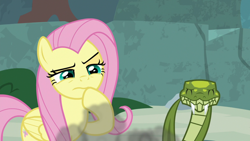 Size: 1920x1080 | Tagged: safe, screencap, angel bunny, antoine, fluttershy, pegasus, pony, snake, g4, she talks to angel, duo, eyes closed, female, mare, raised eyebrow, raised hoof, smoke, squint