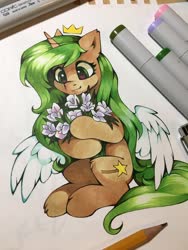 Size: 1536x2048 | Tagged: safe, artist:share dast, oc, oc only, oc:kookie milk, alicorn, pony, alicorn oc, crown, flower, horn, jewelry, regalia, solo, traditional art