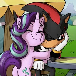 Size: 2000x2000 | Tagged: safe, artist:thedrawvoid, starlight glimmer, mobian, pony, unicorn, anthro, g4, affection, cheek squish, crossover, duo, female, high res, hug, male, outdoors, shadow the hedgehog, sonic the hedgehog, sonic the hedgehog (series), sonicified, squishy cheeks, table, this will end in death, this will end in pain, this will end in tears, this will end in tears and/or death, unamused