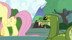 Size: 1920x1080 | Tagged: safe, screencap, angel bunny, antoine, fluttershy, pegasus, pony, python, snake, g4, she talks to angel, butt, eyes on the prize, female, looking at butt, mare, plot