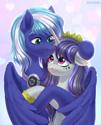 Size: 2350x2896 | Tagged: safe, artist:hakaina, oc, oc:meadow blossom, oc:moonlight drop, pegasus, pony, unicorn, headphones, heart, high res, hug, looking at each other, love, petting, protecting, smiling, winghug, wings