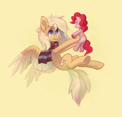 Size: 2300x2197 | Tagged: safe, artist:koviry, pinkie pie, oc, oc only, oc:mirta whoowlms, pegasus, pony, clothes, female, high res, plushie, scarf, solo