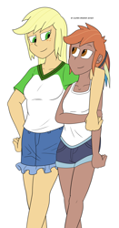 Size: 1280x2447 | Tagged: safe, artist:cadenreigns, applejack, rainbow dash, human, equestria girls, g4, arm around neck, dark skin, duo, female, human coloration, humanized, lesbian, natural eye color, natural hair color, ship:appledash, shipping