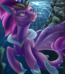 Size: 1750x2000 | Tagged: safe, artist:com3tfire, queen novo, seapony (g4), g4, my little pony: the movie, bubble, clothes, coral, crown, dorsal fin, eyebrows, eyelashes, female, fin, fin wings, fins, fish tail, floppy ears, flowing tail, jewelry, lidded eyes, ocean, peytral, purple eyes, purple tail, regalia, rock, scales, seaquestria, seaweed, see-through, solo, sunlight, swimming, tail, underwater, water, wings