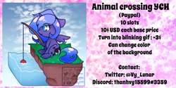 Size: 1560x780 | Tagged: safe, artist:helithusvy, princess luna, alicorn, pony, g4, advertisement, chibi, commission, commission info, cute, fishing, fishing rod, sky background, ych example, your character here