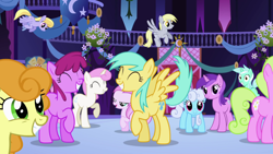 Size: 1920x1080 | Tagged: safe, screencap, amethyst star, berry punch, berryshine, carrot top, cloud kicker, daisy, derpy hooves, flower wishes, golden harvest, linky, lyra heartstrings, piña colada, shoeshine, sparkler, sunshower raindrops, twinkleshine, earth pony, pegasus, pony, unicorn, friendship is magic, g4, season 1, ^^, background pony, dancing, eyes closed, female, filly, flying, gritted teeth, group, happy, i found pills, irrational exuberance, looking at you, lyra doing lyra things, mare, pronking, raised hoof, smiling, spread wings, underp, wings