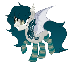 Size: 1280x1141 | Tagged: safe, artist:magicdarkart, oc, oc only, bat pony, pony, bat pony oc, bat wings, braid, clothes, colored pupils, deviantart watermark, ear tufts, fangs, female, grin, mare, obtrusive watermark, simple background, slit pupils, smiling, socks, solo, striped socks, transparent background, watermark, wings