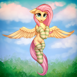Size: 3000x3000 | Tagged: safe, artist:setharu, fluttershy, pegasus, pony, semi-anthro, adorkable, art, chest fluff, clothes, cute, dork, female, flying, looking at you, mare, shyabetes, socks, solo, spread wings, striped socks, thigh highs, wings