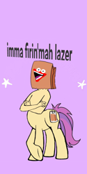 Size: 1080x2160 | Tagged: safe, artist:calebtyink, artist:paperbagpony, oc, oc only, oc:paper bag, centaur, earth pony, ponytaur, anthro, taur, draw me my new face, exploitable meme, imma firin mah lazah, meme, paper bag, ponytaur universe, purple background, shoop da whoop, simple background, solo