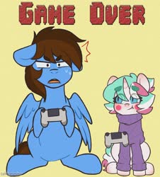 Size: 1322x1463 | Tagged: safe, artist:cottonsweets, oc, oc:pegasusgamer, pegasus, pony, unicorn, clothes, controller, happy, horn, shocked, sitting, sweater, video game, wings