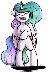 Size: 926x1356 | Tagged: safe, artist:jellysketch, princess celestia, alicorn, pony, g4, bipedal, cute, cutelestia, eyes closed, female, laughing, mare, open mouth, simple background, smiling, solo, standing