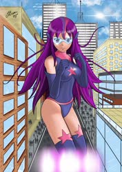 Size: 2480x3508 | Tagged: safe, artist:sandstormart, twilight sparkle, human, g4, boots, clothes, female, giantess, high res, humanized, leotard, macro, magic gaia, shoes, superhero, thigh boots