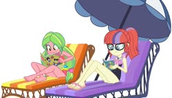 Size: 1180x677 | Tagged: safe, artist:sarahalen, lemon zest, moondancer, equestria girls, friendship math, g4, my little pony equestria girls: better together, alternate universe, barefoot, base used, beach chair, book, chair, clothes, clothes swap, cute, duo, equestria girls-ified, feet, female, humanized, legs, magazine, magical geodes, one-piece swimsuit, pigtails, ponytail, reading, sandals, simple background, sitting, smiling, soles, swimsuit, swimsuit swap, twintails, umbrella, vector, white background