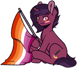 Size: 1815x1595 | Tagged: safe, artist:ak4neh, part of a set, oc, oc only, oc:rubellite, pony, unicorn, cutie mark, face paint, female, happy, lesbian, lesbian pride flag, mare, pride, pride flag, simple background, sitting, solo, transparent background, ych result