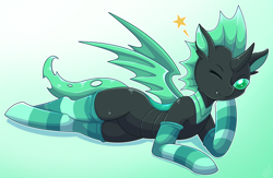 Size: 1536x1000 | Tagged: safe, artist:vavacung, oc, oc only, oc:fenirus, changeling, clothes, femboy, green changeling, holeless, looking at you, lying down, male, one eye closed, socks, solo, striped socks, trap, wink