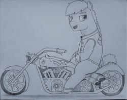 Size: 900x704 | Tagged: safe, artist:drcool13, oc, oc only, oc:swift stride, earth pony, pony, bad anatomy, braided ponytail, chopper, clothes, earth pony oc, grayscale, looking at you, male, monochrome, motorcycle, open mouth, simple background, solo, stallion, tail wrap, traditional art, vest, white background