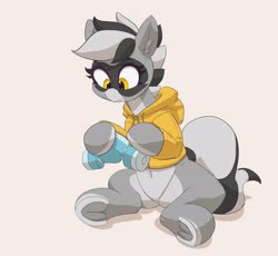 Size: 4096x3775 | Tagged: safe, artist:pabbley, oc, oc only, oc:bandy cyoot, hybrid, pony, raccoon, raccoon pony, belly button, clothes, female, frog (hoof), gas mask, hoodie, hoof hold, mare, mask, simple background, solo, underhoof
