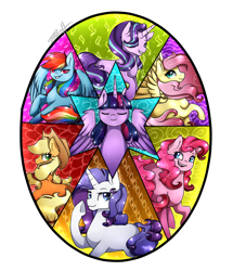 Size: 2364x2753 | Tagged: safe, artist:cloud-drawings, applejack, fluttershy, pinkie pie, rainbow dash, rarity, starlight glimmer, twilight sparkle, alicorn, earth pony, pegasus, pony, unicorn, g4, alternate mane seven, eyes closed, female, high res, mane six, mare, missing cutie mark, open mouth, smiling, speedpaint available, twilight sparkle (alicorn)