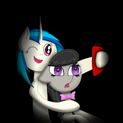 Size: 1000x1000 | Tagged: safe, artist:asiandra dash, dj pon-3, octavia melody, vinyl scratch, earth pony, pony, unicorn, g4, one eye closed, open mouth, phone, wink