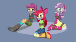 Size: 872x486 | Tagged: safe, artist:nivek15, artist:sonicrock56, apple bloom, scootaloo, sweetie belle, equestria girls, g4, animated, arm behind back, blinking, bloomsub, bondage, boots, bound, bound and gagged, bow, clothes, cutie mark crusaders, female, femsub, gag, gif, gray background, help us, jeans, pants, rope, rope bondage, scootasub, shoes, shorts, simple background, skirt, struggling, submissive, sweetiesub, tape, tape gag