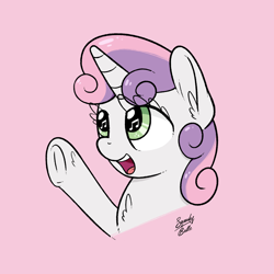 Size: 2000x2000 | Tagged: safe, artist:squeaky-belle, sweetie belle, pony, unicorn, g4, chest fluff, cute, diasweetes, female, filly, high res, mare, open mouth, pink background, raised hoof, signature, simple background, smiling, solo, underhoof, wingding eyes