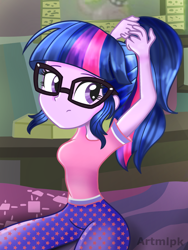 Size: 1536x2048 | Tagged: safe, artist:artmlpk, sci-twi, twilight sparkle, equestria girls, g4, adorable face, adorkable, alternate design, beautiful, bed, bedroom, clothes, cute, dork, female, glasses, lamp, looking over shoulder, meganekko, pajamas, ponytail, sitting, solo, twiabetes