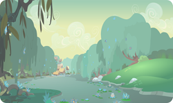 Size: 954x572 | Tagged: safe, gameloft, g4, my little pony: magic princess, background, building, lilypad, no pony, outdoors, river, swamp fever plant, tree
