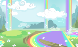 Size: 954x572 | Tagged: safe, gameloft, g4, my little pony: magic princess, background, boat, cloud, flower, liquid rainbow, mountain, no pony, outdoors, rainbow waterfall, river, tree