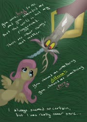 Size: 2343x3264 | Tagged: safe, artist:pinstriped-pajamas, discord, fluttershy, draconequus, pegasus, pony, g4, armpits, female, grass, high res, hooves to the chest, looking away, looking up, lyrics, lyrics in the description, male, mare, on back, outdoors, ship:discoshy, shipping, smiling, song in the description, song reference, spread wings, sting, straight, text, wings