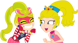Size: 2474x1365 | Tagged: safe, artist:katnekobase, artist:user15432, human, equestria girls, g4, arms (video game), barely eqg related, base used, bow, clothes, crossover, crown, duo, ear piercing, earring, equestria girls style, equestria girls-ified, excited, hair bow, jewelry, nintendo, piercing, princess peach, regalia, ribbon girl, super mario bros.
