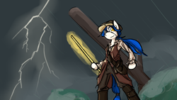 Size: 3840x2160 | Tagged: safe, artist:spheedc, oc, oc only, oc:light chaser, earth pony, semi-anthro, arm hooves, bipedal, clothes, digital art, female, glowing, hat, high res, lightning, mare, rain, solo, water, weapon