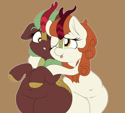 Size: 3840x3456 | Tagged: dead source, safe, artist:blitzyflair, autumn blaze, cinder glow, summer flare, kirin, g4, autumn blob, belly button, chubby, cinderblaze, cloven hooves, cute, fat, female, high res, hug, lesbian, one eye closed, open mouth, shipping, simple background, thick, wide hips