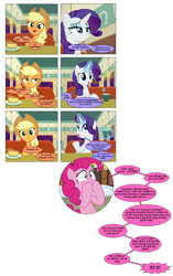 Size: 1237x1971 | Tagged: safe, artist:dziadek1990, edit, edited screencap, screencap, applejack, pinkie pie, rarity, g4, the saddle row review, cafe, comic, context is for the weak, context needed, conversation, cup, dialogue, exposition, food, fourth wall, indoors, magic, no context, noodle incident, pie, screencap comic, slice of life, table, teabag, teacup, text