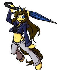 Size: 1839x2160 | Tagged: safe, artist:spheedc, oc, oc only, oc:dream chaser, unicorn, semi-anthro, arm hooves, belly button, bipedal, clothes, digital art, female, mare, midriff, panties, rule 63, short shirt, simple background, solo, thong, transparent background, umbrella, underwear