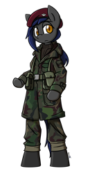 Size: 2070x3975 | Tagged: safe, artist:spheedc, oc, oc only, oc:umbra historia, bat pony, semi-anthro, arm hooves, bat pony oc, bat wings, beret, bipedal, camouflage, clothes, commission, digital art, hat, high res, military uniform, simple background, solo, transparent background, wings