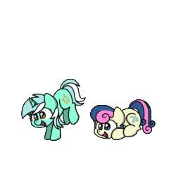 Size: 1200x1200 | Tagged: safe, artist:sugar morning, part of a set, bon bon, lyra heartstrings, sweetie drops, earth pony, pony, unicorn, g4, adorabon, animated, cute, duo, female, gif, happy, jumping, leapfrog, leaping, loop, lyrabetes, mare, simple background, sugar morning's jumping ponies, transparent background