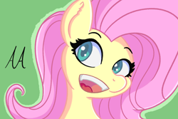 Size: 1200x800 | Tagged: safe, artist:an_anon_artist, fluttershy, pegasus, pony, g4, bust, colored pupils, cute, ear fluff, female, green background, looking at you, open mouth, shyabetes, simple background, smiling, solo, teeth