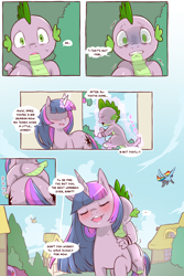 Size: 960x1440 | Tagged: safe, artist:cold-blooded-twilight, berry punch, berryshine, derpy hooves, rainbow dash, spike, twilight sparkle, dragon, pony, cold blooded twilight, comic:cold storm, g4, blushing, comic, crying, dialogue, dragons riding ponies, lifting, magic, pomf, riding, shrunken pupils, speech bubble, spike riding twilight, teary eyes