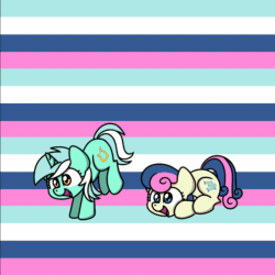 Size: 1200x1200 | Tagged: safe, artist:sugar morning, part of a set, bon bon, lyra heartstrings, sweetie drops, earth pony, pony, unicorn, g4, adorabon, animated, couple, cute, female, gif, happy, jumping, leapfrog, leaping, loop, lyrabetes, mare, simple background, sugar morning's jumping ponies