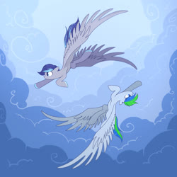 Size: 1500x1500 | Tagged: safe, artist:darkeen, oc, oc only, oc:aspen volare, pegasus, pony, cloud, duo, flying