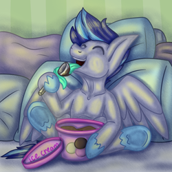 Size: 1500x1500 | Tagged: safe, artist:jane-ander, oc, oc only, oc:aspen volare, pegasus, pony, food, ice cream, long tongue, male, pillow, solo, tongue out, ych result