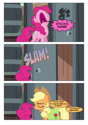 Size: 868x1228 | Tagged: safe, artist:dziadek1990, edit, edited screencap, screencap, applejack, pinkie pie, g4, the last roundup, comic, conversation, dialogue, door, onomatopoeia, ouch, outhouse, potty emergency, potty time, screencap comic, slice of life, sound effects, text