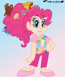 Size: 672x800 | Tagged: safe, artist:mirabuncupcakes15, pinkie pie, human, g4, the last problem, alternate hairstyle, candy, clothes, female, flats, food, humanized, jeans, lollipop, older, older pinkie pie, pants, rubber duck, shirt, shoes, solo, t-shirt, teddy bear