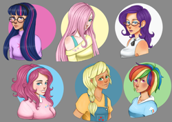 Size: 7016x4961 | Tagged: safe, artist:fabisia94, applejack, fluttershy, pinkie pie, rainbow dash, rarity, twilight sparkle, human, alternate hairstyle, bra, bra strap, breasts, clothes, ear piercing, earring, eyeshadow, female, glasses, gray background, grin, hair over one eye, headband, hoodie, humanized, jewelry, makeup, mane six, overalls, piercing, shirt, simple background, sleeveless, smiling, sweater, t-shirt, underwear