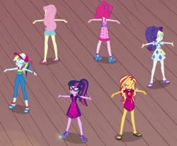 Size: 429x353 | Tagged: safe, screencap, fluttershy, pinkie pie, rainbow dash, rarity, sci-twi, sunset shimmer, twilight sparkle, equestria girls, g4, i'm on a yacht, my little pony equestria girls: better together, cropped, feet, female, legs, sandals