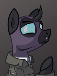 Size: 1281x1724 | Tagged: safe, artist:aaronmk, oc, oc only, changeling, equestria at war mod, balaclava, clothes, coat, gray background, looking at you, male, mask, raised hoof, simple background, solo, underhoof